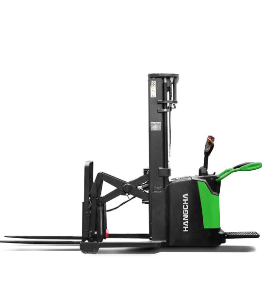 1.2 - 1.6T A series high range stand-on pallet stacker with reach fork